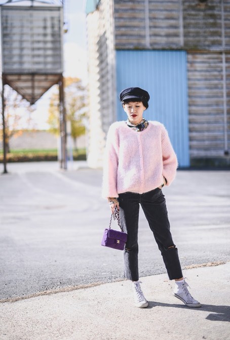 pink coat sweater outfit idea