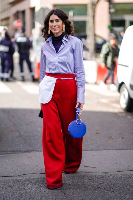 STYLECASTER | How to Wear Clashing Colors | Blue Button Down and Red Bell Bottom Pants