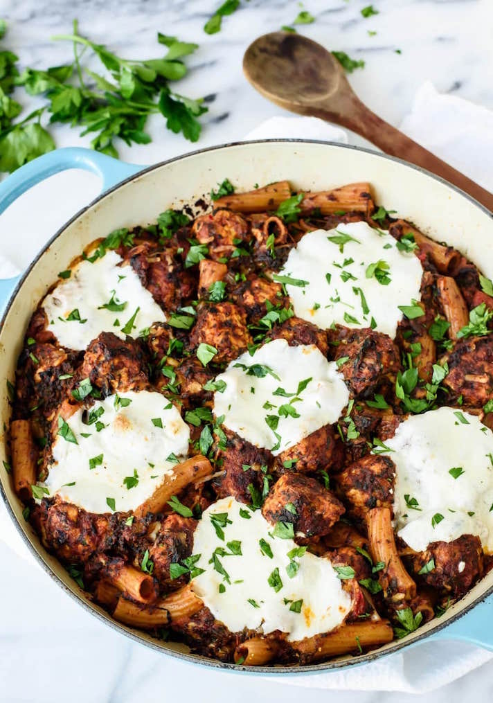 STYLECASTER | 17 Easy Whole Grain Pasta Recipes That Don't Suck | Mozzarella Meatball Casserole