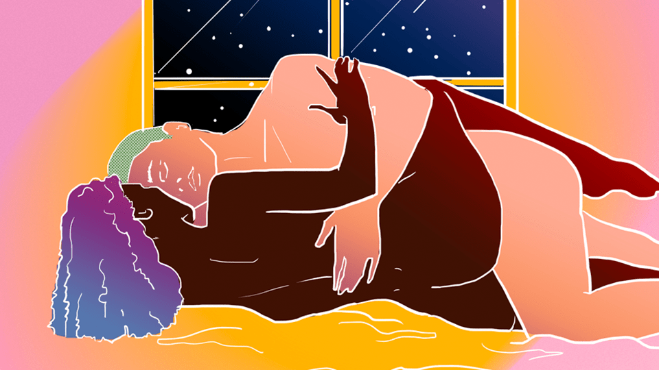 A drawing of a couple in an intimate embrace