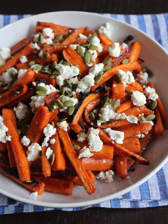 STYLECASTER | 17 Vegetable Recipes That Are Mostly Just Cheese | Hot Honey Roasted Carrots With Goat Cheese