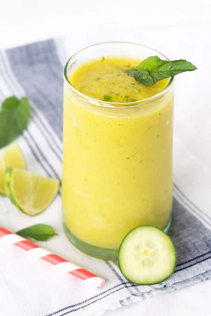 STYLECASTER | 17 Veggie-Packed Smoothie Recipes That Don't Taste Like Grass | Mango, Cucumber, and Mint Smoothie