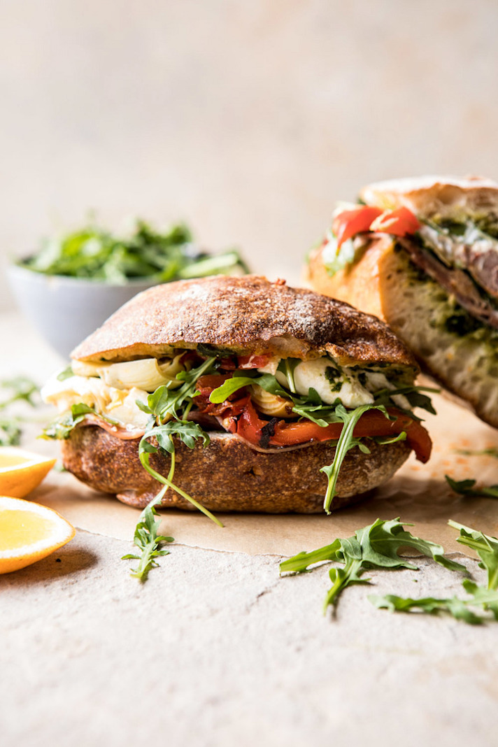 STYLECASTER | 17 Easy-to-Pack Picnic Recipes That Anyone Can Make | Antipasto Mozzarella Sandwich With Lemony Basil Pesto
