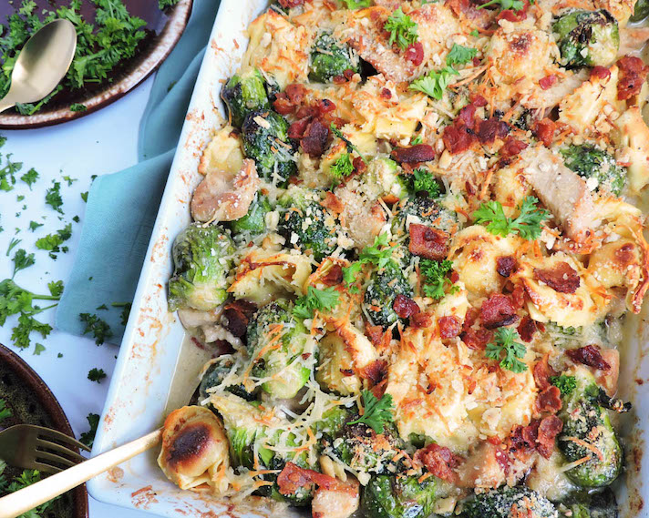 STYLECASTER | Easy Weeknight Chicken Recipes That Are Perfect for Fall | Cheesy Chicken and Brussels Sprouts Pasta Bake