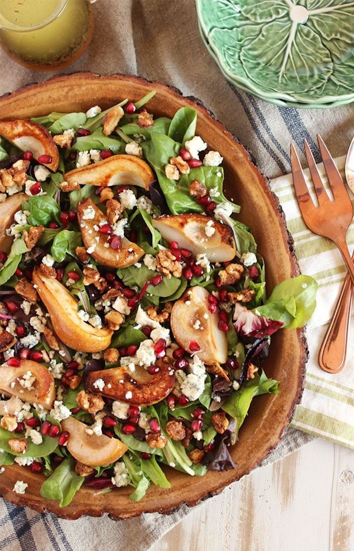 STYLECASTER | 17 Winter Vegetable Recipes That Will Make You Feel Great | Bourbon-Roasted Pear Salad With Gorgonzola and Candied Walnuts