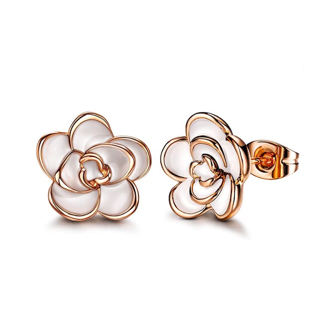 AllenCOCO 18K Gold Plated Black Rose Flower Stud Earrings