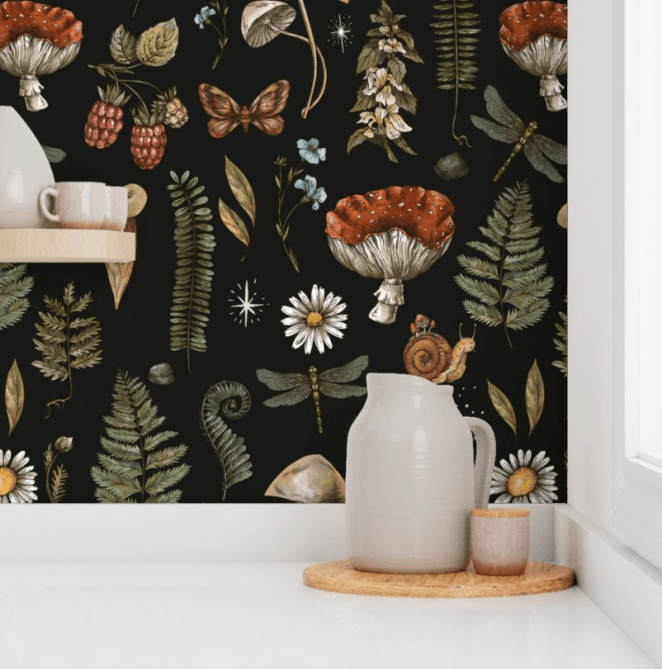 Mushrooms on Black Wallpaper