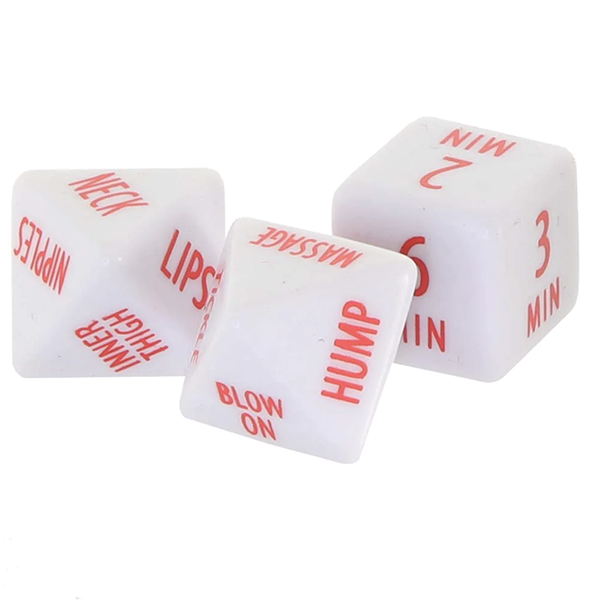 Three foreplay dice with playful commands (like "massage" and "blow on")