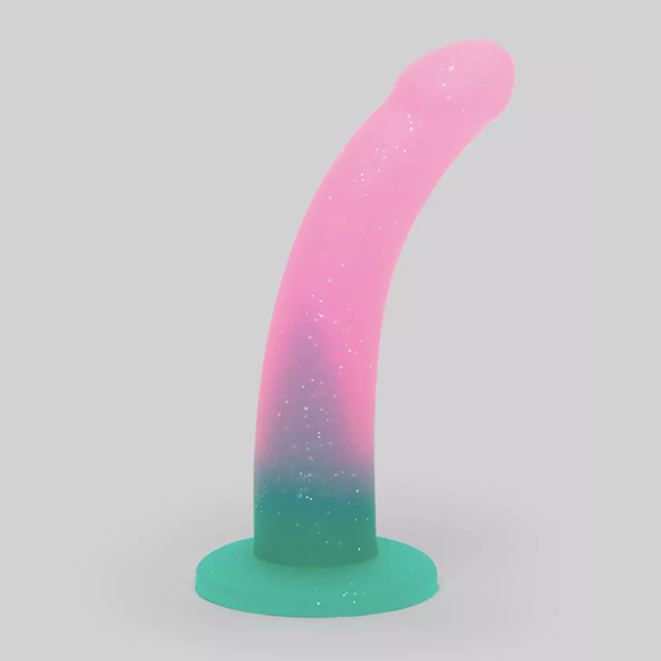 A sparkly curved detail that's pink on top and green at the bottom