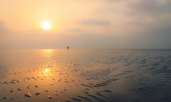 A person standing on the edge of the horizon on Chandipur Vanishing Beach, India during sunset hour