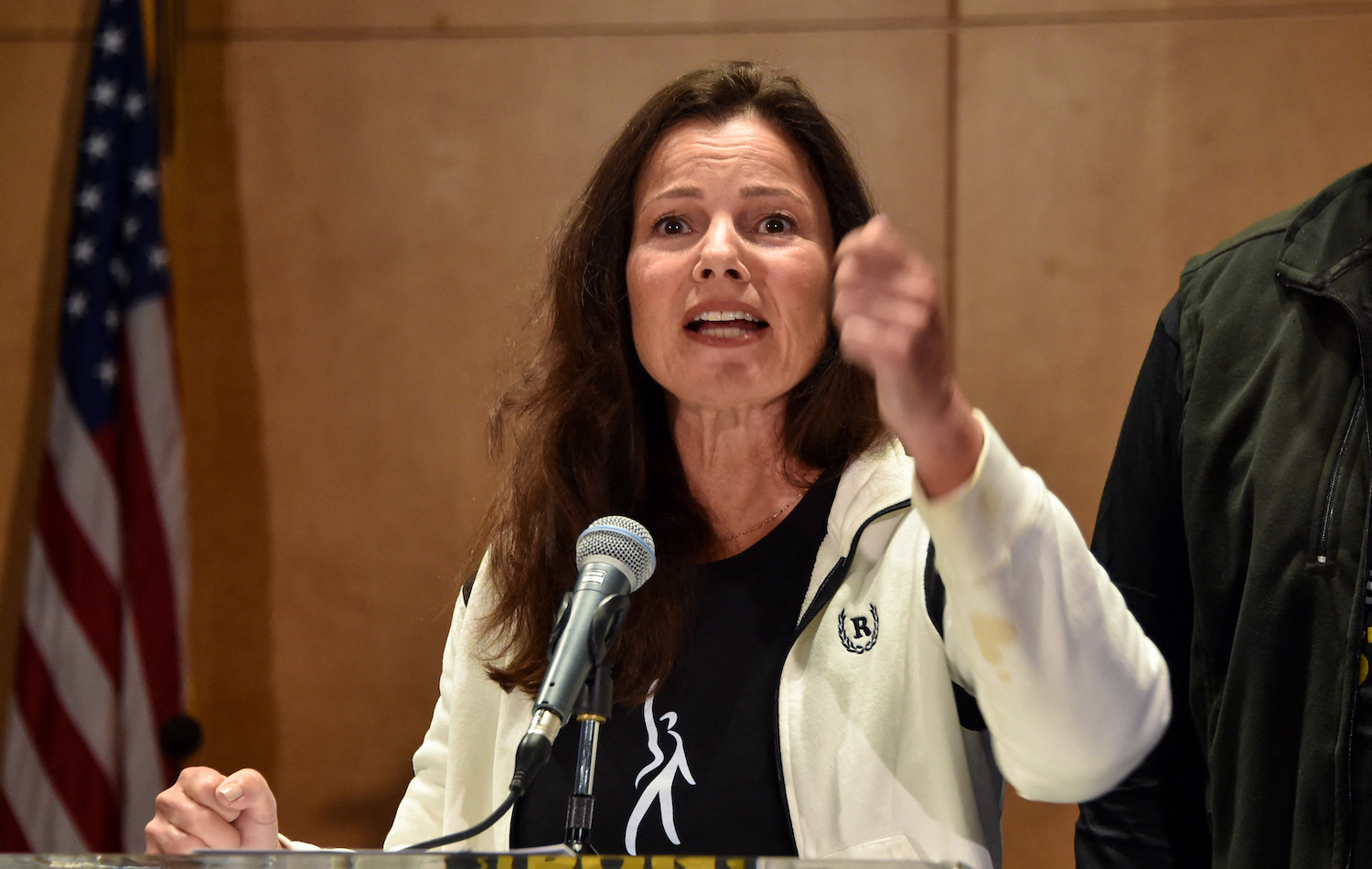 SAG-AFTRA President Fran Drescher speaks during a press conference at the labor union's headquarters in Los Angeles, California, on July 13, 2023.
