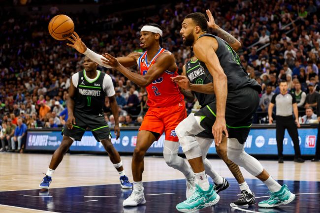 Oklahoma City Thunder, Minnesota Timberwolves defend in the third quarter of the NBA Play-In game at Target Center on April 14, 2023 in Minneapolis, Minnesota.