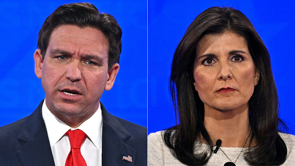 (COMBO) This combination of pictures created on January 04, 2024 shows (L) Florida Governor Ron DeSantis gestures as he speaks during the fourth Republican presidential primary debate at the University of Alabama in Tuscaloosa, Alabama, on December 6, 2023, and (R) former Governor from South Carolina and UN ambassador Nikki Haley looks on during the fourth Republican presidential primary debate at the University of Alabama in Tuscaloosa, Alabama, on December 6, 2023. Florida Governor Ron DeSantis and one-time UN ambassador Nikki Haley turned their fire on their party's presumptive nominee just 11 days before Republican voters in Iowa gather to make their choice. Neither candidate much mentioned the other during back-to-back "town hall" events on CNN on January 4, 2024. (Photo by Jim WATSON / AFP) (Photo by JIM WATSON/AFP via Getty Images)