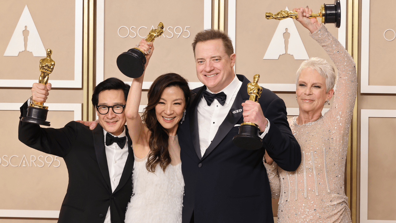 Ke Huy Quan, Michelle Yeoh, Brendan Fraser, and Jamie Lee Curtis at the 95th Annual Academy Awards in 2023