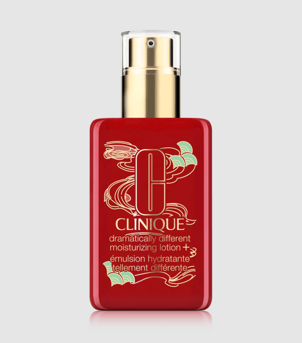 Clinique lotion in a red, dragon-adorned bottle