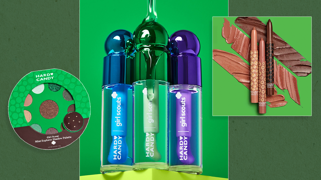 A green background with Hard Candy x Girl Scouts products: Cookie-Scented eye shadow Palette with 10 shades, Sweet Treat Lip Repair Oil in metallic tubes, and Cookie Glaze Lip Marker decorated with cookie packaging and in front of swatches.