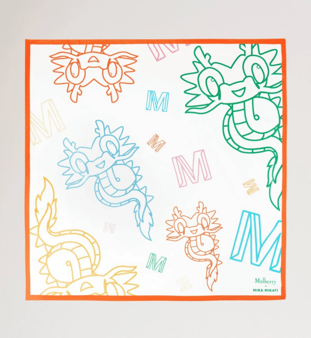 A dragon-printed square silk scarf from the Mulberry x Mira Mikati collaboration