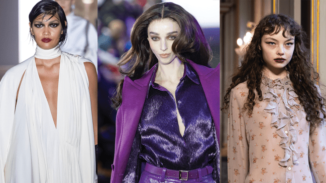 Three models in different runway shows all with feathery soap brows