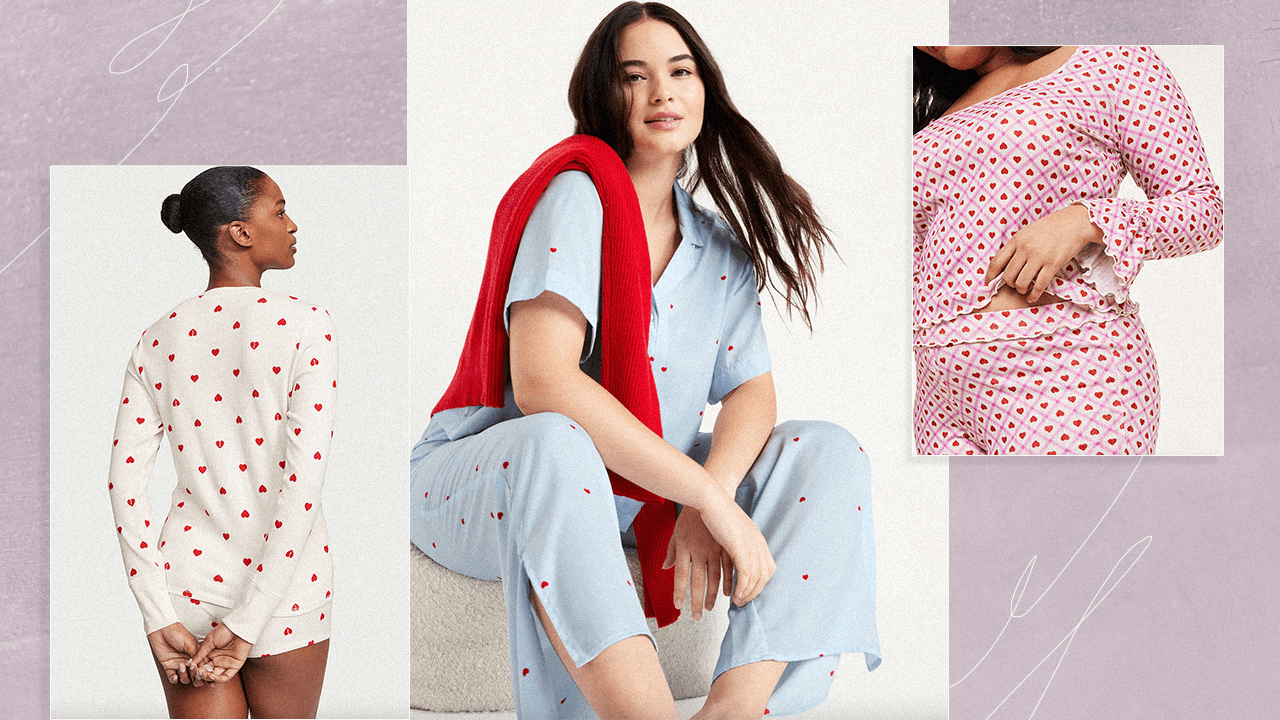 A collage of three models wearing heart print pajamas