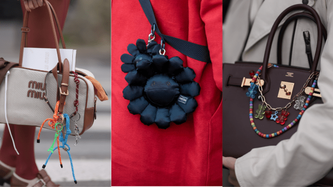 Bag charms and chains on totes and crossbody bags.