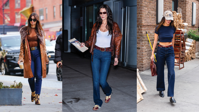 Emily Ratajkowski, Bella Hadid, and Kendall Jenner wearing dark wash jeans.