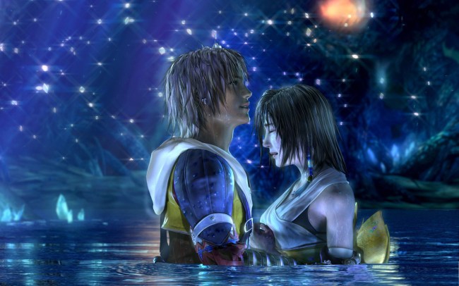 Screenshot of Final Fantasy X with Tidus and Yuna in an embrace in the water
