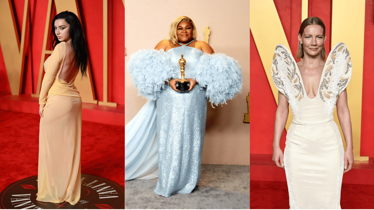 Charli XCX, Da'Vine Joy Randolph, and Sandra Hüller wearing top dress trends for Spring 2024.