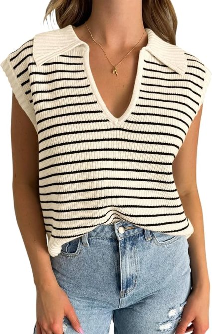 V neck top with black stripped lines