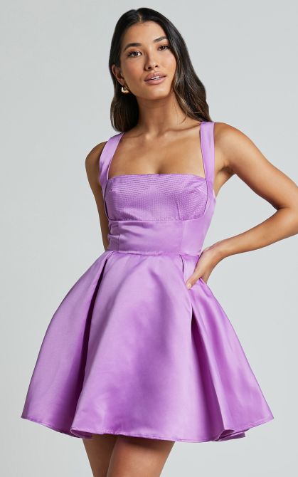 Showpo Stephanie Mini Dress Satin Square Neck Tie Back Dress