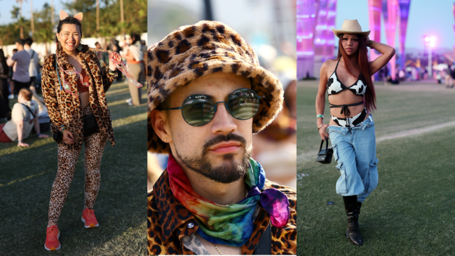 Three festival goers wearing animal print at Coachella.