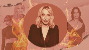 Courtney Love with flames surrounding her, standing in front of Taylor Swift, Lana Del Rey, and Madonna