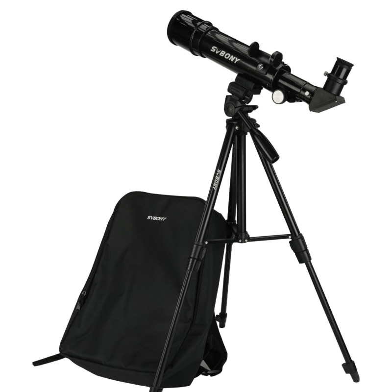 A black telescope next to a black bag