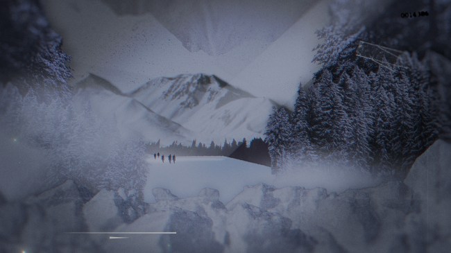 Graphic of five figures walking through a wooded snowy area. 
