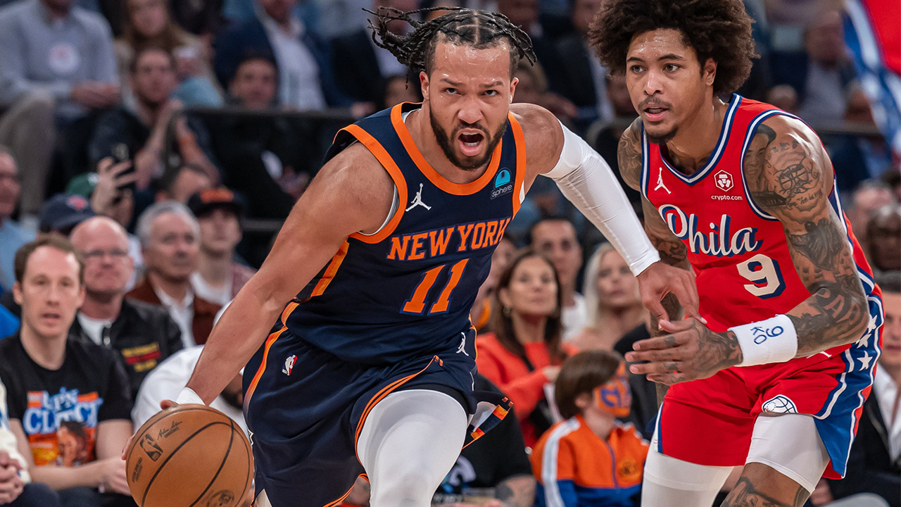 New York Knicks Jalen Brunson driving towards the basket with Kelly Oubre Jr. of the Philadelphia 76ers trailing during Game 2 of the NBA Playoffs first-round at Madison Square Garden in New York City, on April 22, 2024.