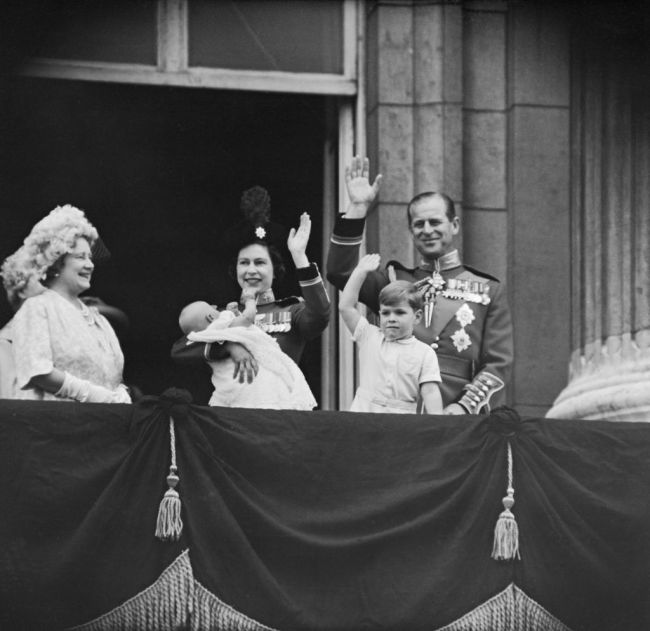Queen Elizabeth and Prince Philip, the Duke of Edinburgh with the Queen Mother and their sons Prince Andrew and baby Prince Edward, on the balcony of Buckingham Palace in London during the Trooping the Colour ceremony, UK, 13th June 1964.