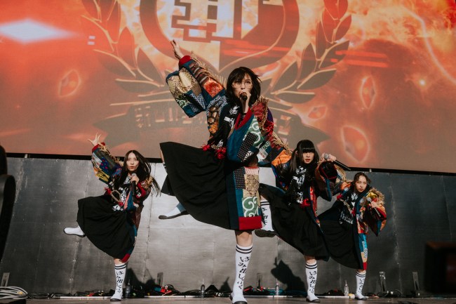 ATARASHII GAKKO! —Four Japanese women dancing on stage.