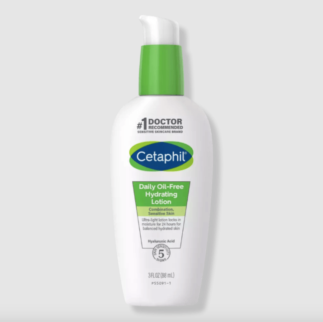 Cetaphil Daily Oil-Free Hydrating Lotion in a white bottle with a green cap.