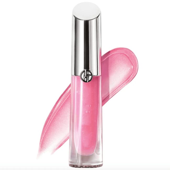 Giorgio Armani Prisma Glass Hydrating Lip Gloss in a clear bottle with a silver top.