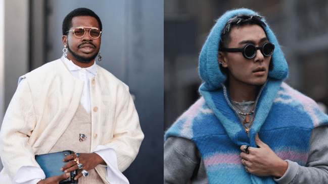 Left: A guest wears sunglasses, a white shirt, a white jacket , a v-neck pull , a leather bag, flowing pants, outside Munthe, during the Copenhagen Fashion Week AW24 on February 01, 2024 in Copenhagen, Denmark. Right: Kevin Wang is seen wearing a grey sweatshirt, over his head a colorful knit sweater in blue, pink, yellow, which is combined as a hat, black round sunglasses by Louis Vuitton and golden chains during the Sacai Show Menswear Fall/Winter 2024/2025 as part of Paris Fashion Week on January 21, 2024 in Paris, France.
