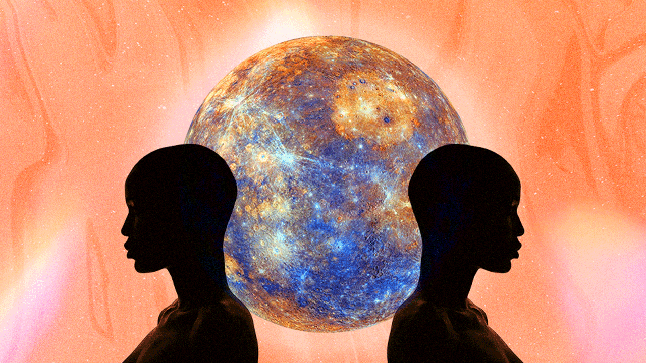 A silhouette of two Gemini twins standing in front of planet Mercury, in representation of every zodiac sign's Mercury in Gemini horoscope