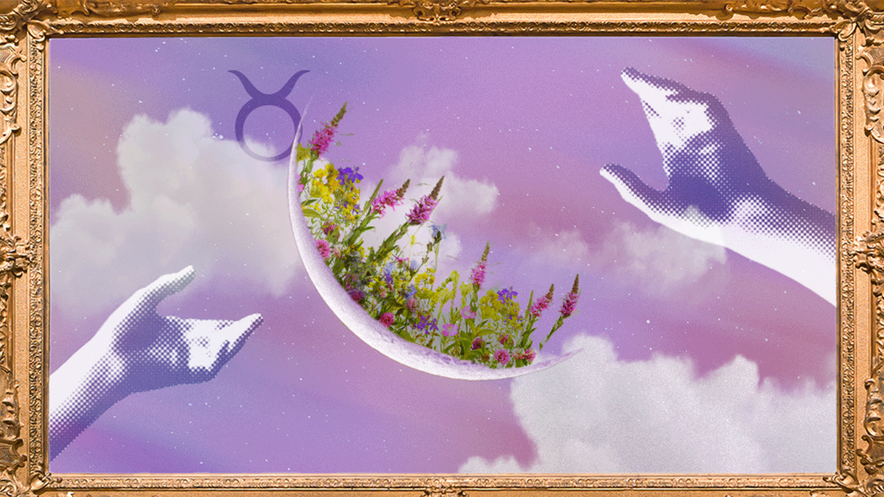 A crescent moon just before it becomes a new moon with flowers growing alongside it.