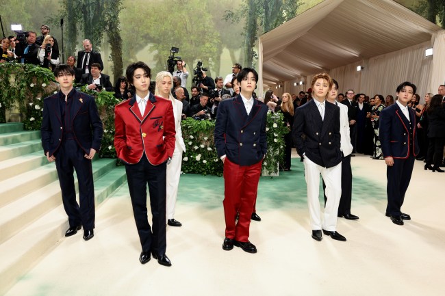 Bang Chan, Han, Felix, Hyunjin, Seungmin, I.N, Lee Know and Changbin of Stray Kids attend The 2024 Met Gala Celebrating "Sleeping Beauties: Reawakening Fashion" at The Metropolitan Museum of Art on May 06, 2024 in New York City.