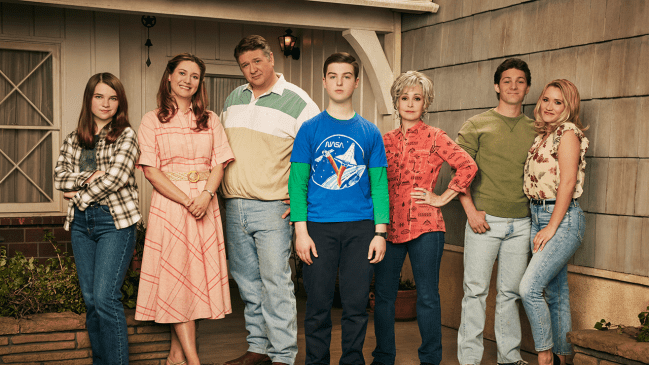 Iain Armitage as Sheldon, Zoe Perry as Mary, Lance Barber as George, Raegan Revord as Missy, Montana Jordan as Georgie, Annie Potts as Meemaw, Emily Osment as Mandy, from the CBS Original Series YOUNG SHELDON.