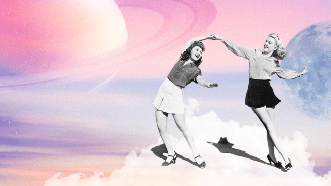 A couple of women dancing in front of a pink sky with planet Saturn hanging over them