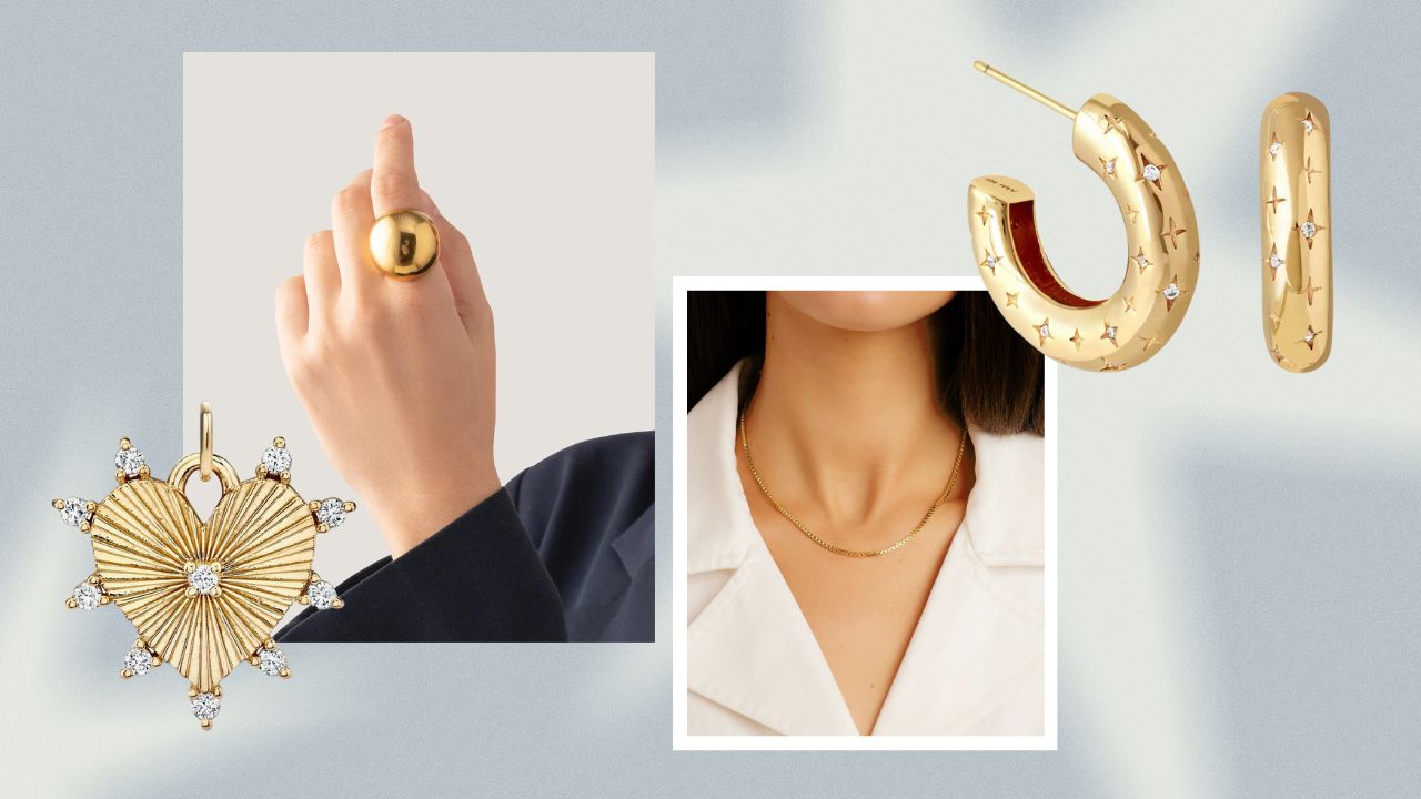 From Left to Right: A gold heart-shaped pendant with diamonds around the edge and a square diamond in the center; a hand with a large gold bump ring; a woman wearing a gold chain necklace; gold hoop earrings with diamonds and engraved stars