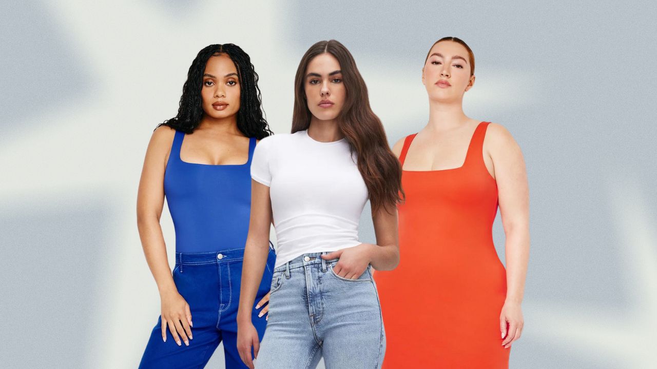 From left to right: A woman wearing a blue tank top with matching blue cargo pants, a woman wearing a white t-shirt with jeans, a woman wearing a red tank top dress.