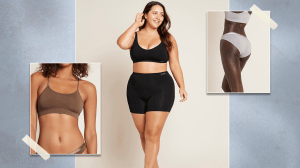 Left: Boody model wearing a brown bralette; Middle: Boody model wearing a black bra and black tight shorts; Right: Boody model wearing light, muted purple underwear bottoms.
