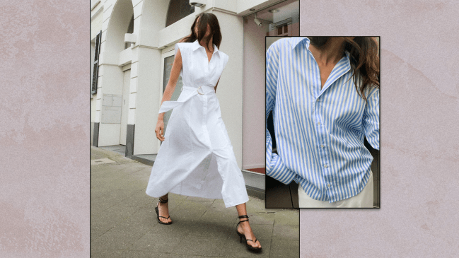 Left: Zara model walking down the street in a white collared, sleeveless, maxi dress. Right: Close up short of Zara model wearing a light blue and white striped collared button-down shirt.