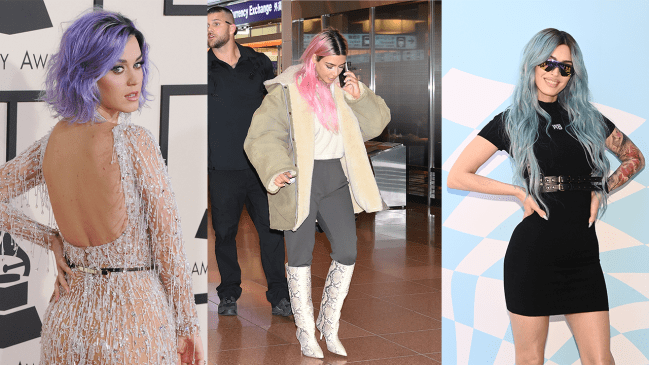 Katy Perry, Kim Kardashian, and Megan Fox with purple, pink, and blue hair.