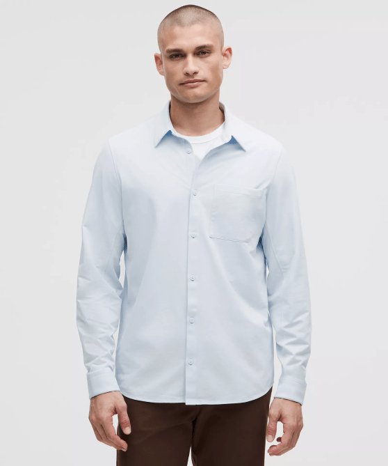 A model wearing the Lululemon Commission Long-Sleeve Shirt
Pocket in light blue